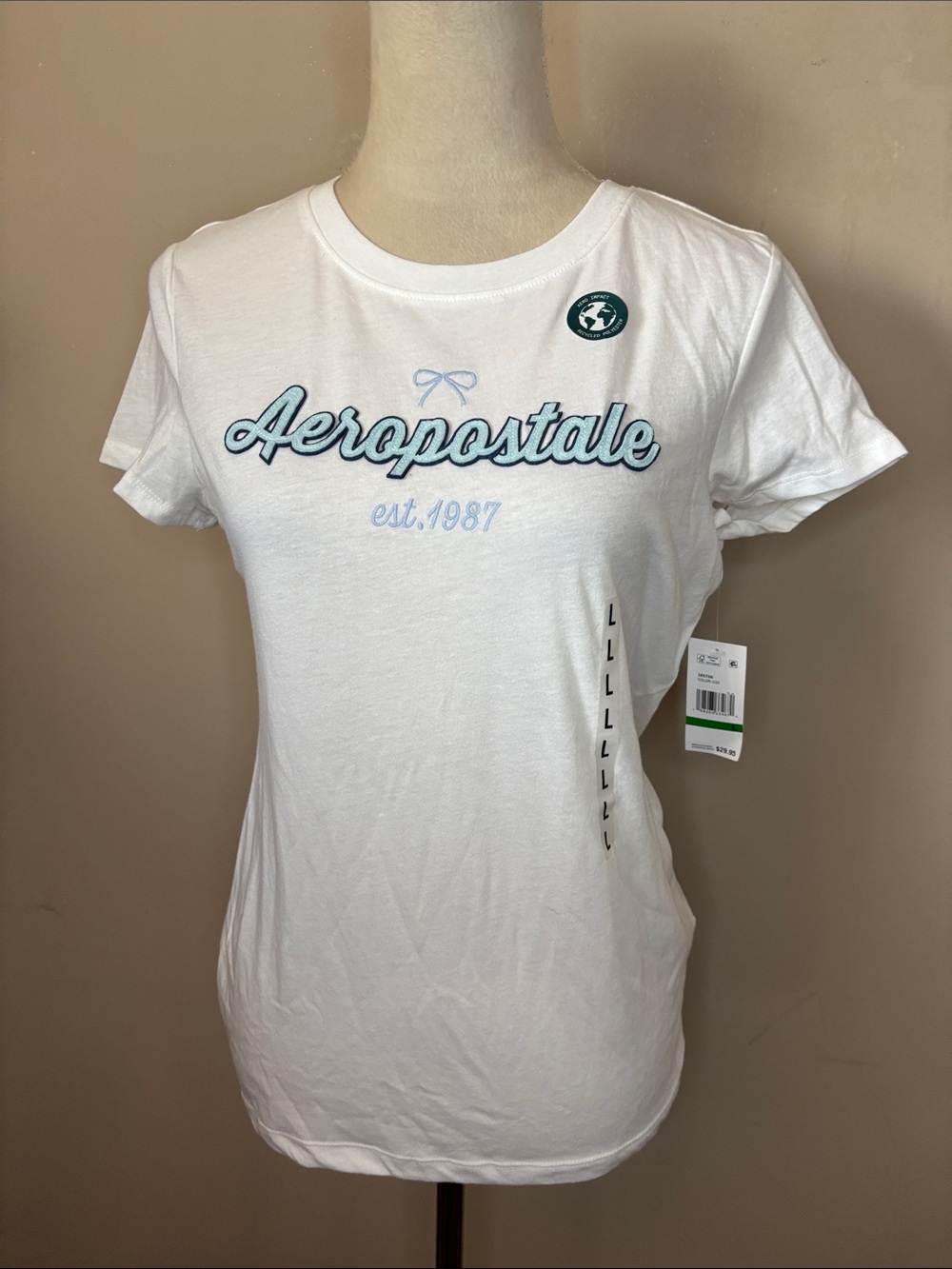 Aeropostale White Tee with Blue Script and Green Emblem